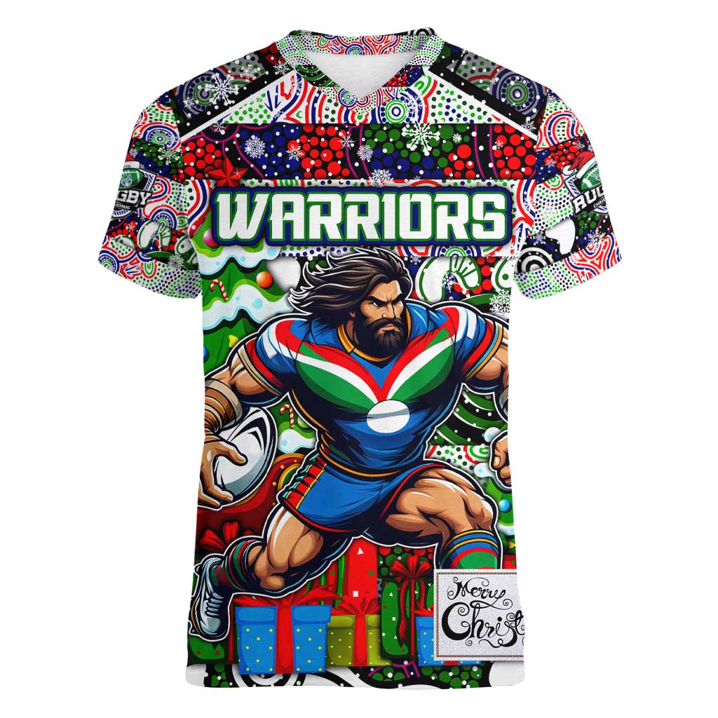 Custom New Zealand Warriors Rugby Merry Christmas Women V-Neck T-Shirt Indigenous Australian Art - Vibe Hoodie Shop