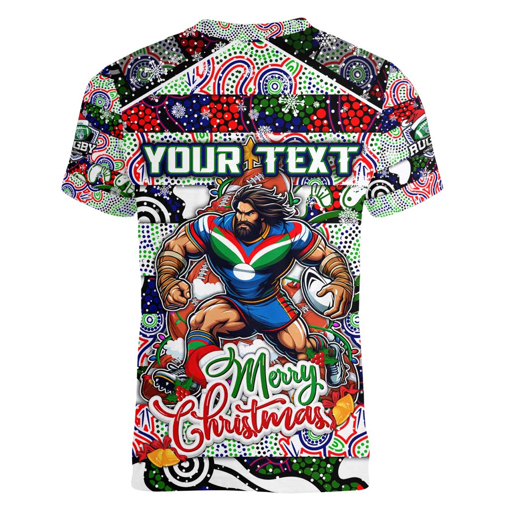 Custom New Zealand Warriors Rugby Merry Christmas Women V-Neck T-Shirt Indigenous Australian Art - Vibe Hoodie Shop