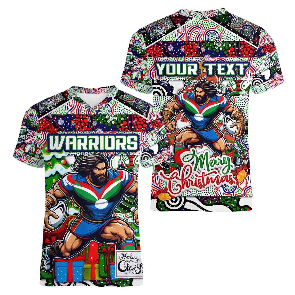Custom New Zealand Warriors Rugby Merry Christmas Women V-Neck T-Shirt Indigenous Australian Art - Vibe Hoodie Shop