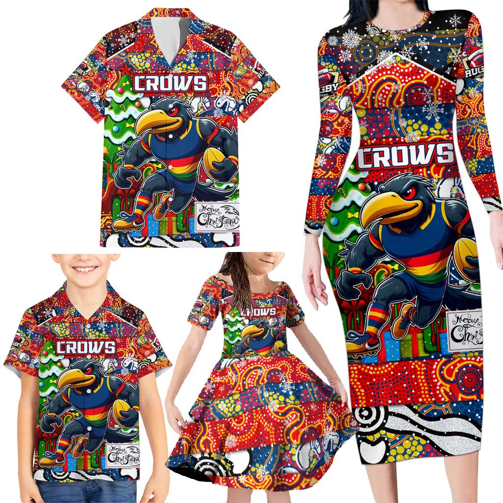 Custom Crows Rugby Merry Christmas Family Matching Long Sleeve Bodycon Dress and Hawaiian Shirt Indigenous Australian Art