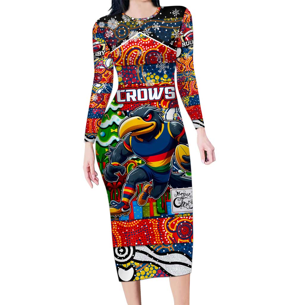 Custom Crows Rugby Merry Christmas Family Matching Long Sleeve Bodycon Dress and Hawaiian Shirt Indigenous Australian Art