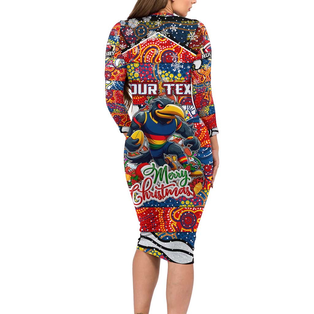 Custom Crows Rugby Merry Christmas Family Matching Long Sleeve Bodycon Dress and Hawaiian Shirt Indigenous Australian Art