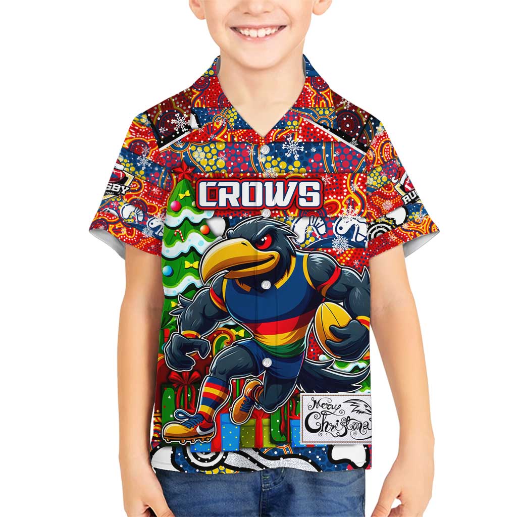 Custom Crows Rugby Merry Christmas Family Matching Long Sleeve Bodycon Dress and Hawaiian Shirt Indigenous Australian Art
