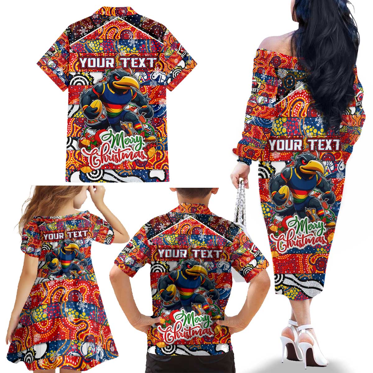 Custom Crows Rugby Merry Christmas Family Matching Off The Shoulder Long Sleeve Dress and Hawaiian Shirt Indigenous Australian Art
