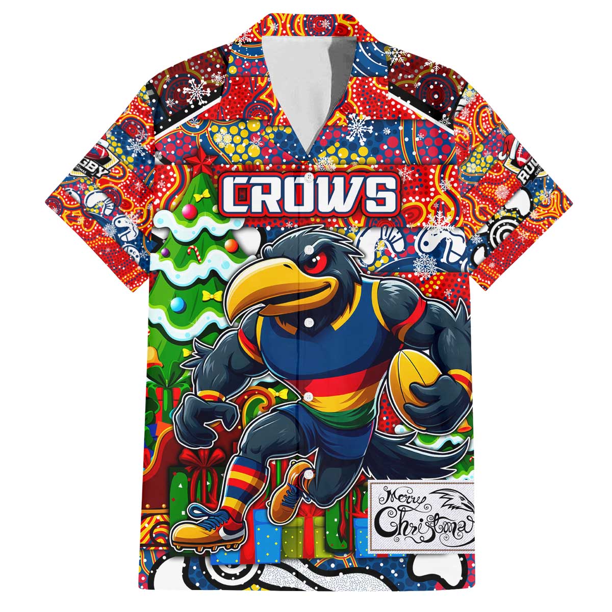 Custom Crows Rugby Merry Christmas Family Matching Off The Shoulder Long Sleeve Dress and Hawaiian Shirt Indigenous Australian Art