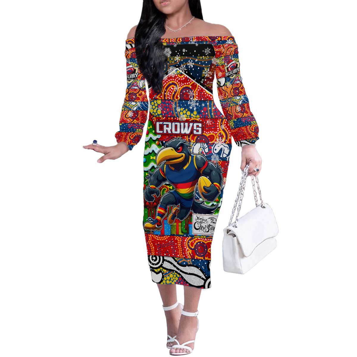 Custom Crows Rugby Merry Christmas Family Matching Off The Shoulder Long Sleeve Dress and Hawaiian Shirt Indigenous Australian Art
