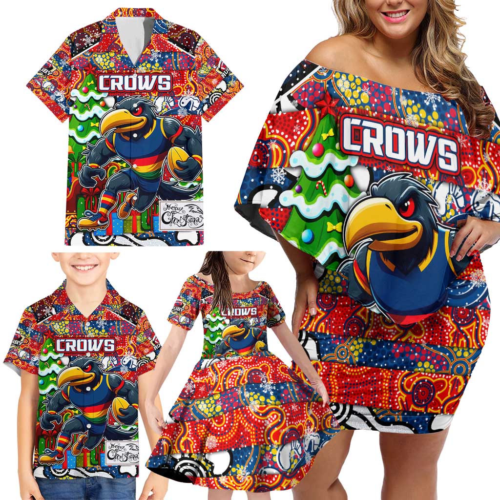Custom Crows Rugby Merry Christmas Family Matching Off Shoulder Short Dress and Hawaiian Shirt Indigenous Australian Art