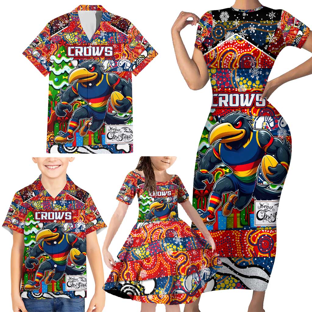 Custom Crows Rugby Merry Christmas Family Matching Short Sleeve Bodycon Dress and Hawaiian Shirt Indigenous Australian Art