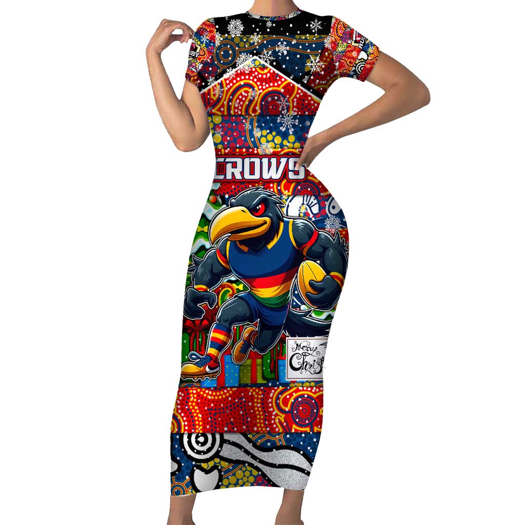 Custom Crows Rugby Merry Christmas Family Matching Short Sleeve Bodycon Dress and Hawaiian Shirt Indigenous Australian Art