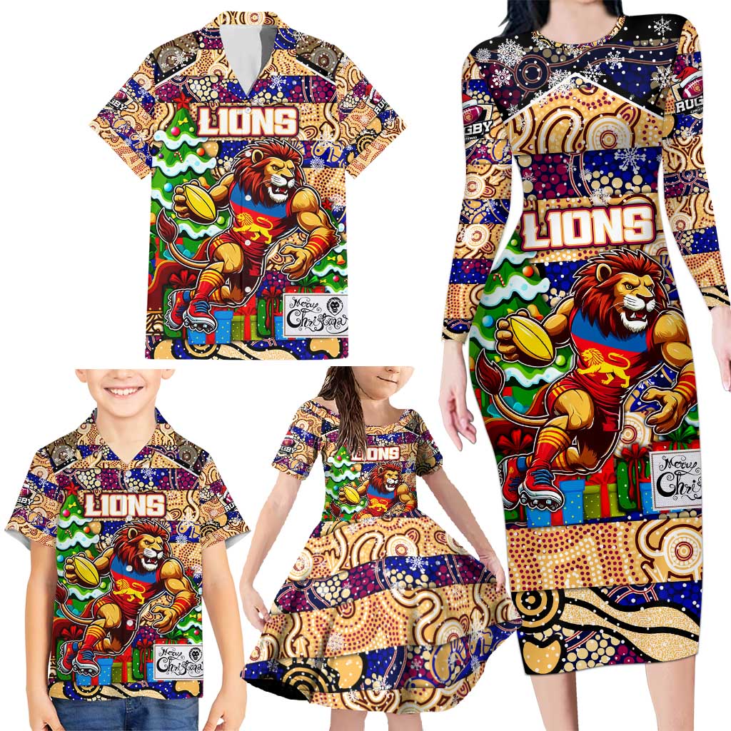 Custom Lions Rugby Merry Christmas Family Matching Long Sleeve Bodycon Dress and Hawaiian Shirt Indigenous Australian Art