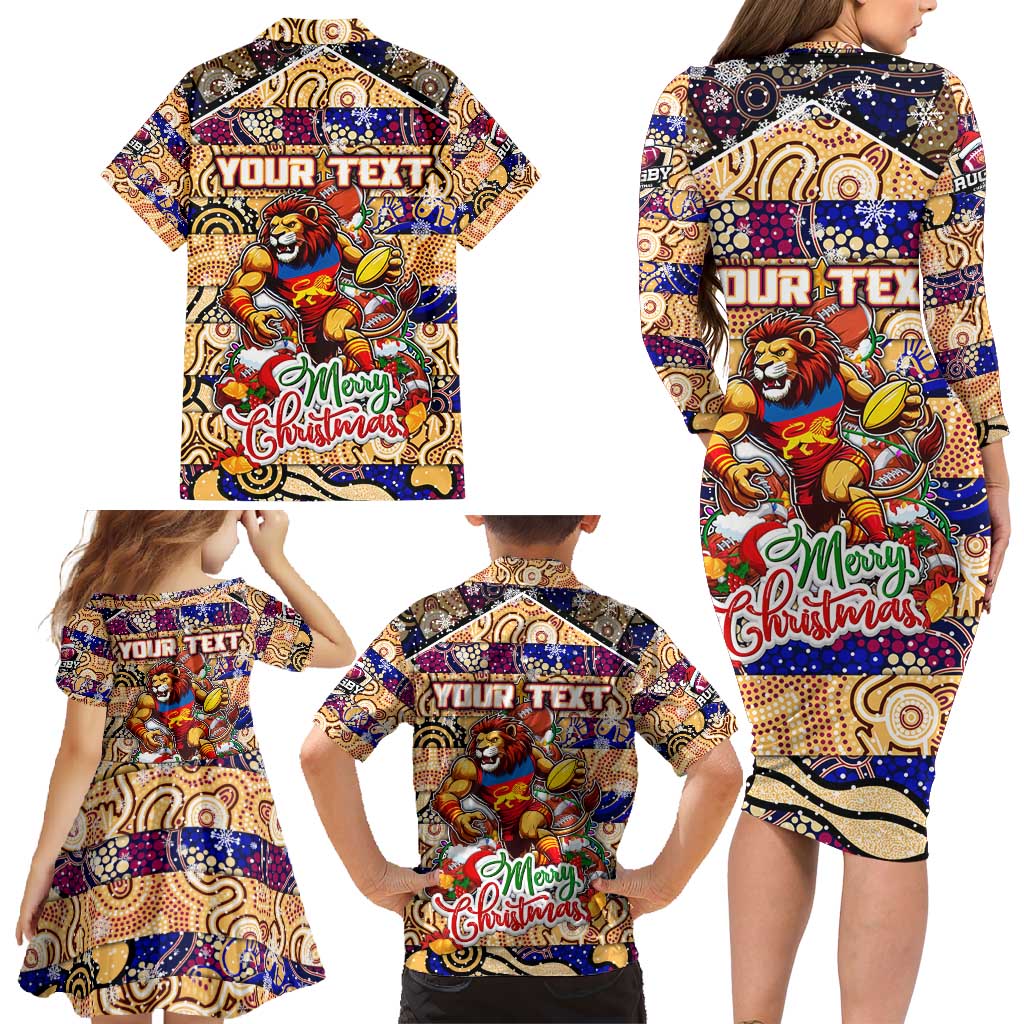 Custom Lions Rugby Merry Christmas Family Matching Long Sleeve Bodycon Dress and Hawaiian Shirt Indigenous Australian Art