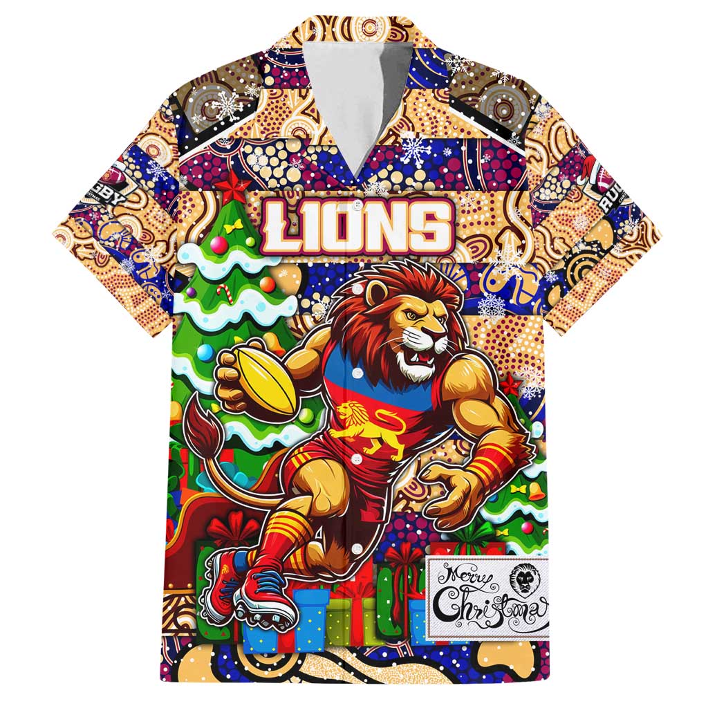 Custom Lions Rugby Merry Christmas Family Matching Long Sleeve Bodycon Dress and Hawaiian Shirt Indigenous Australian Art