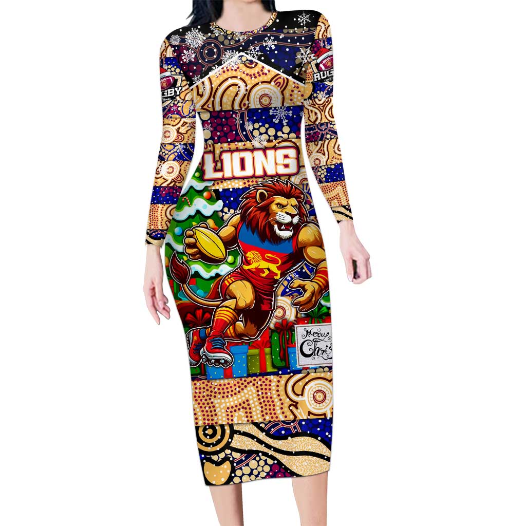 Custom Lions Rugby Merry Christmas Family Matching Long Sleeve Bodycon Dress and Hawaiian Shirt Indigenous Australian Art
