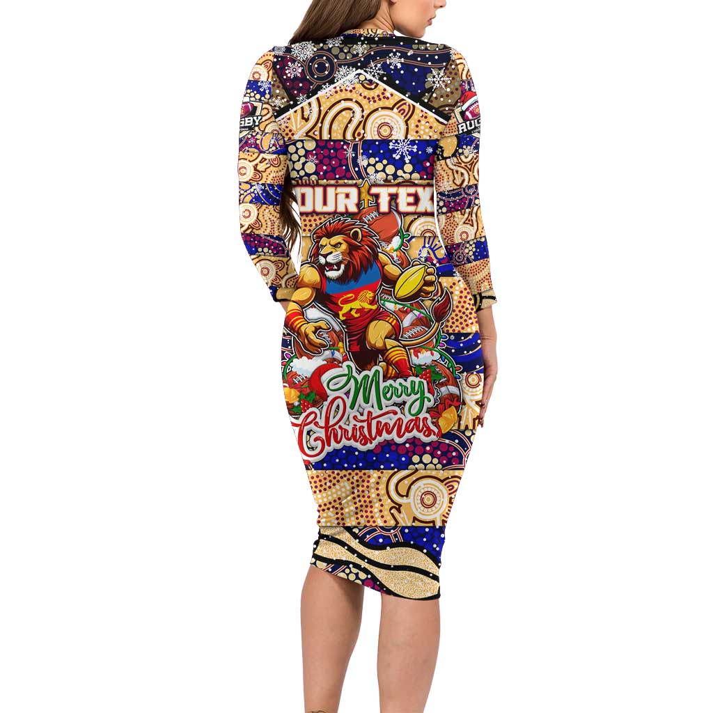 Custom Lions Rugby Merry Christmas Family Matching Long Sleeve Bodycon Dress and Hawaiian Shirt Indigenous Australian Art