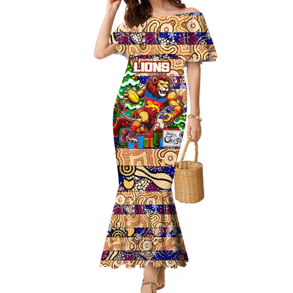 Custom Lions Rugby Merry Christmas Family Matching Mermaid Dress and Hawaiian Shirt Indigenous Australian Art