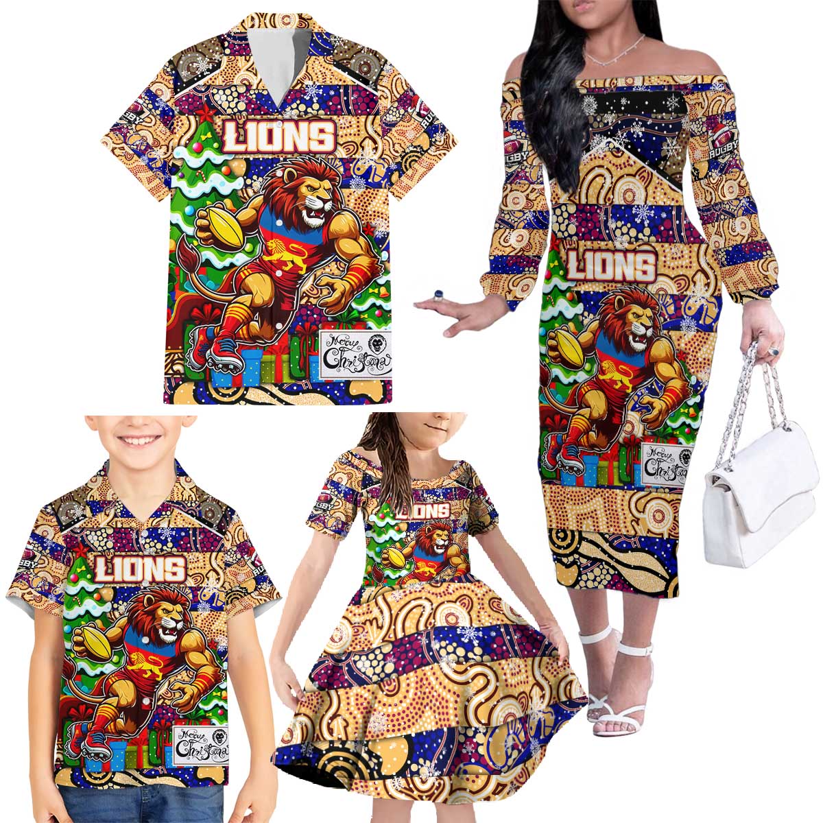Custom Lions Rugby Merry Christmas Family Matching Off The Shoulder Long Sleeve Dress and Hawaiian Shirt Indigenous Australian Art