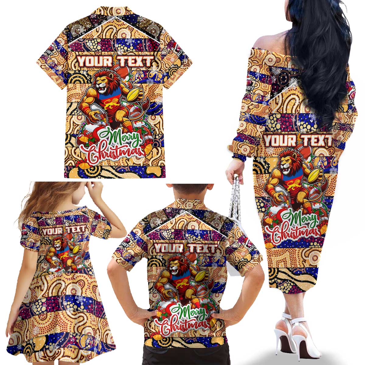 Custom Lions Rugby Merry Christmas Family Matching Off The Shoulder Long Sleeve Dress and Hawaiian Shirt Indigenous Australian Art