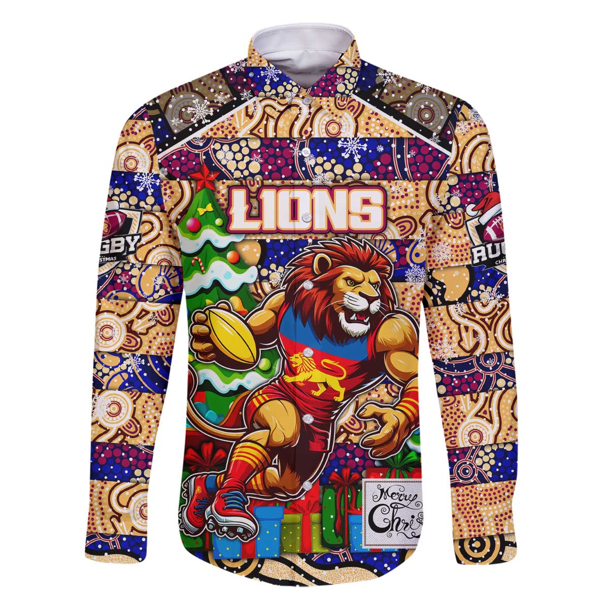Custom Lions Rugby Merry Christmas Family Matching Off The Shoulder Long Sleeve Dress and Hawaiian Shirt Indigenous Australian Art
