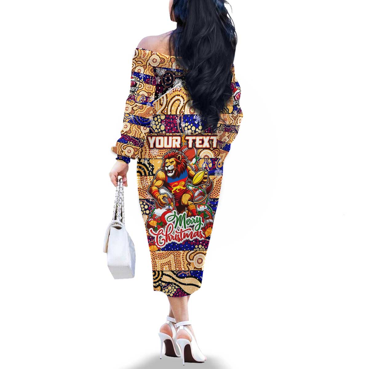 Custom Lions Rugby Merry Christmas Family Matching Off The Shoulder Long Sleeve Dress and Hawaiian Shirt Indigenous Australian Art