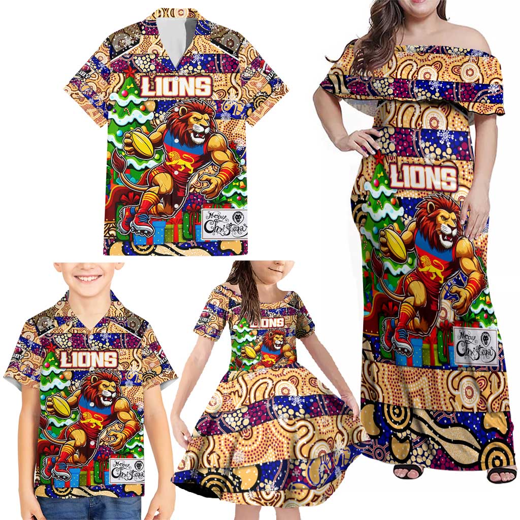 Custom Lions Rugby Merry Christmas Family Matching Off Shoulder Maxi Dress and Hawaiian Shirt Indigenous Australian Art