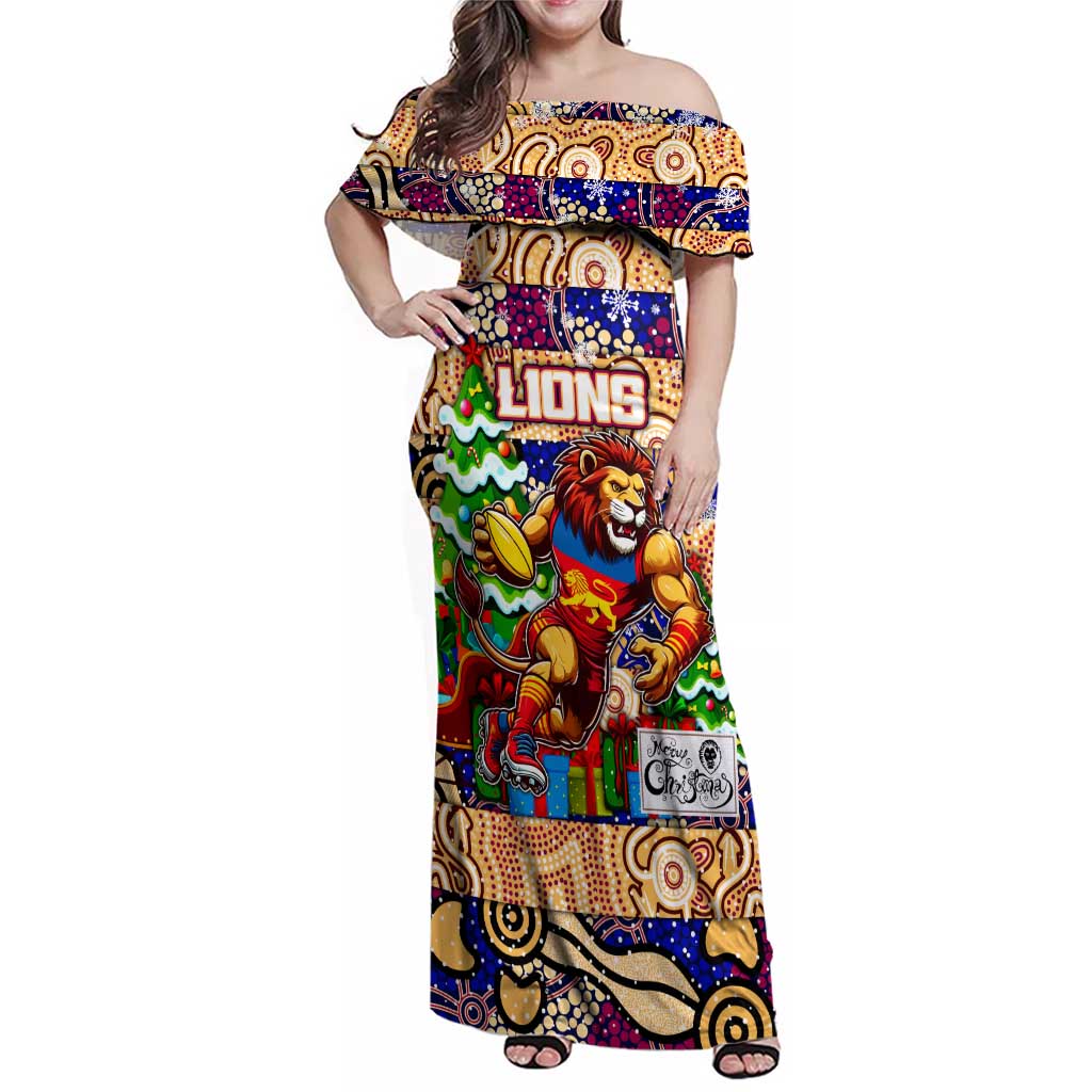 Custom Lions Rugby Merry Christmas Family Matching Off Shoulder Maxi Dress and Hawaiian Shirt Indigenous Australian Art