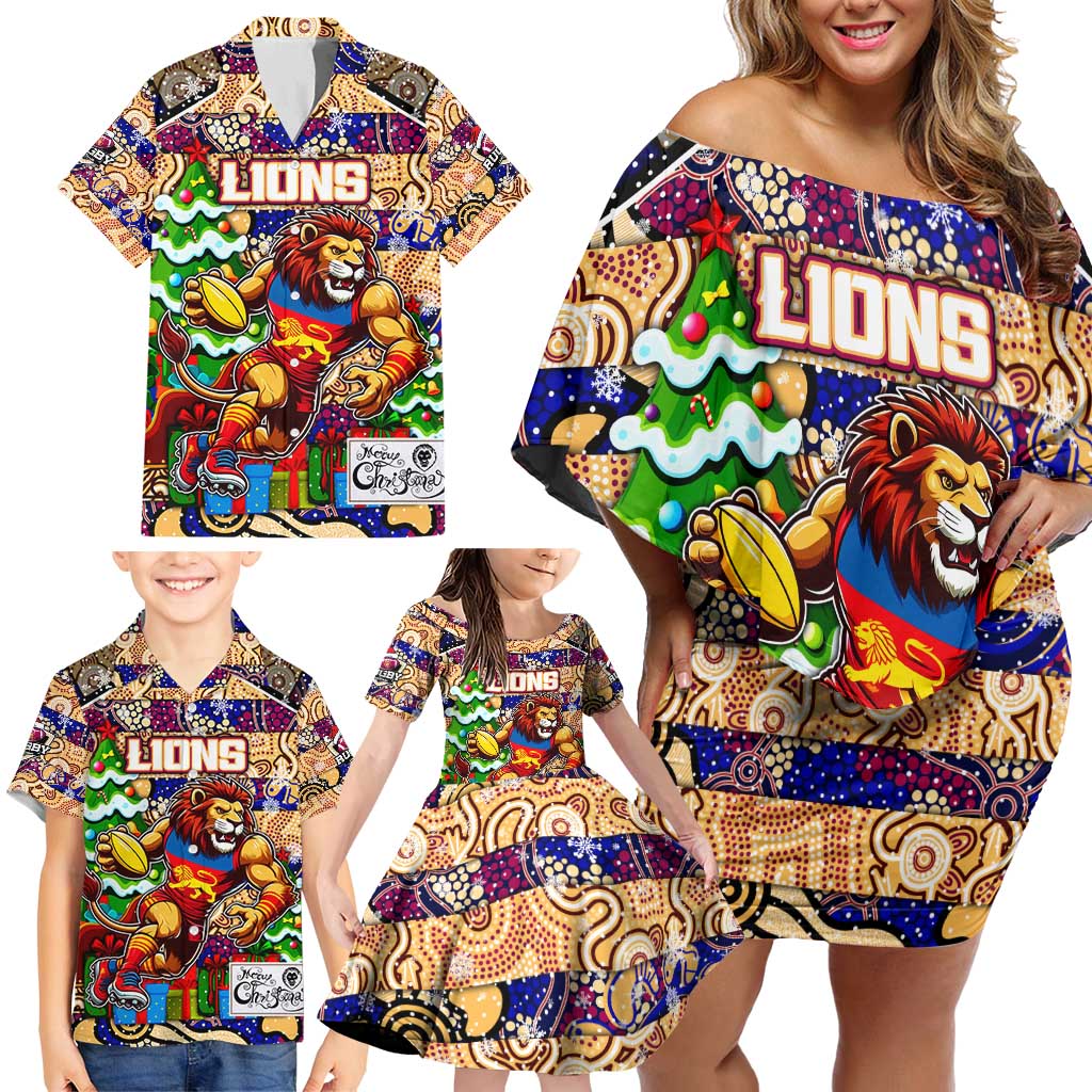 Custom Lions Rugby Merry Christmas Family Matching Off Shoulder Short Dress and Hawaiian Shirt Indigenous Australian Art