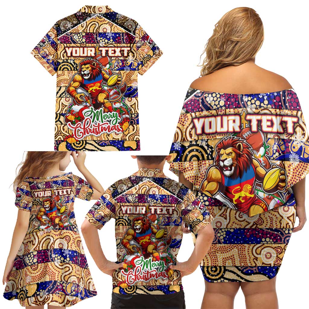 Custom Lions Rugby Merry Christmas Family Matching Off Shoulder Short Dress and Hawaiian Shirt Indigenous Australian Art