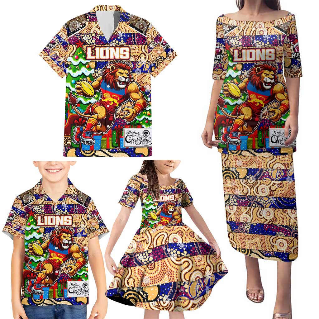 Custom Lions Rugby Merry Christmas Family Matching Puletasi and Hawaiian Shirt Indigenous Australian Art