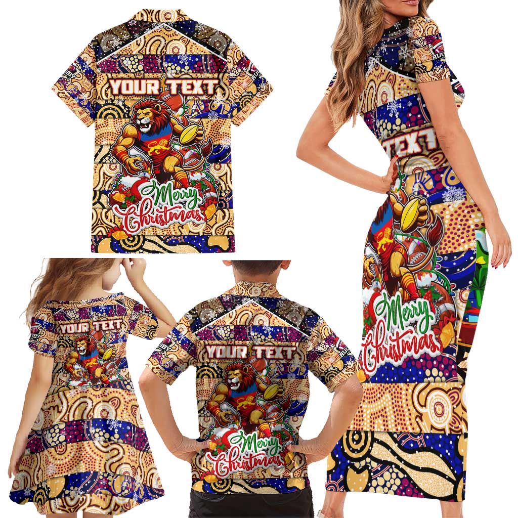 Custom Lions Rugby Merry Christmas Family Matching Short Sleeve Bodycon Dress and Hawaiian Shirt Indigenous Australian Art