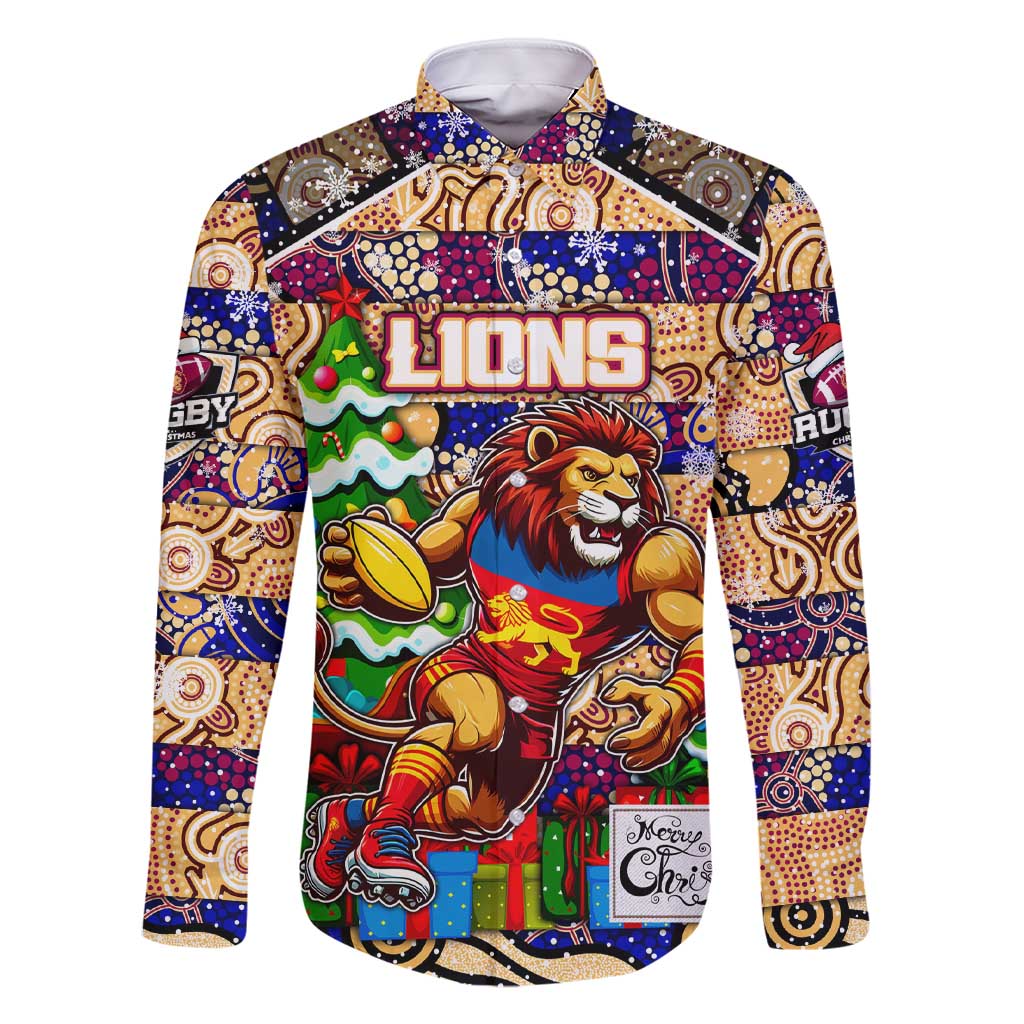 Custom Lions Rugby Merry Christmas Family Matching Short Sleeve Bodycon Dress and Hawaiian Shirt Indigenous Australian Art