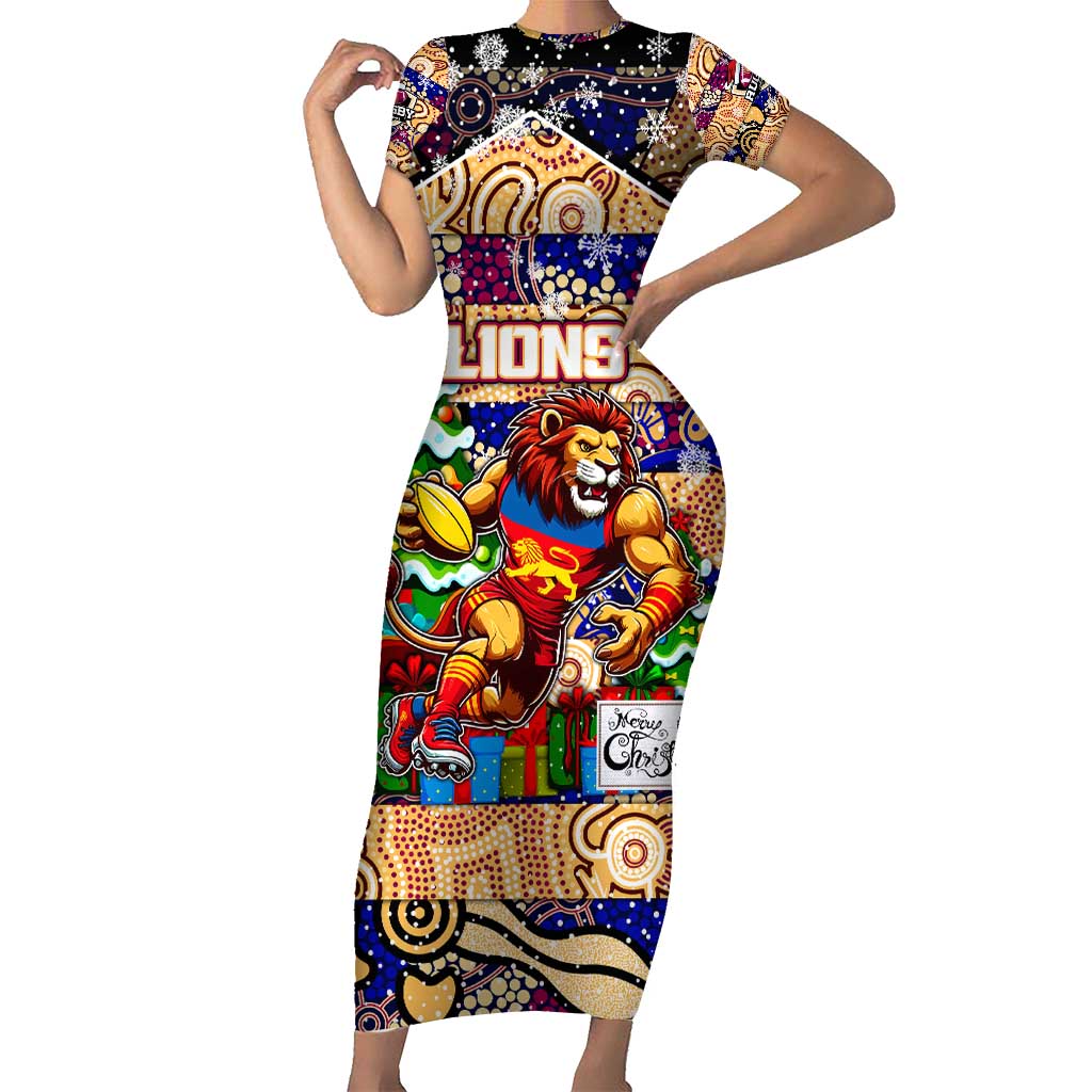 Custom Lions Rugby Merry Christmas Family Matching Short Sleeve Bodycon Dress and Hawaiian Shirt Indigenous Australian Art