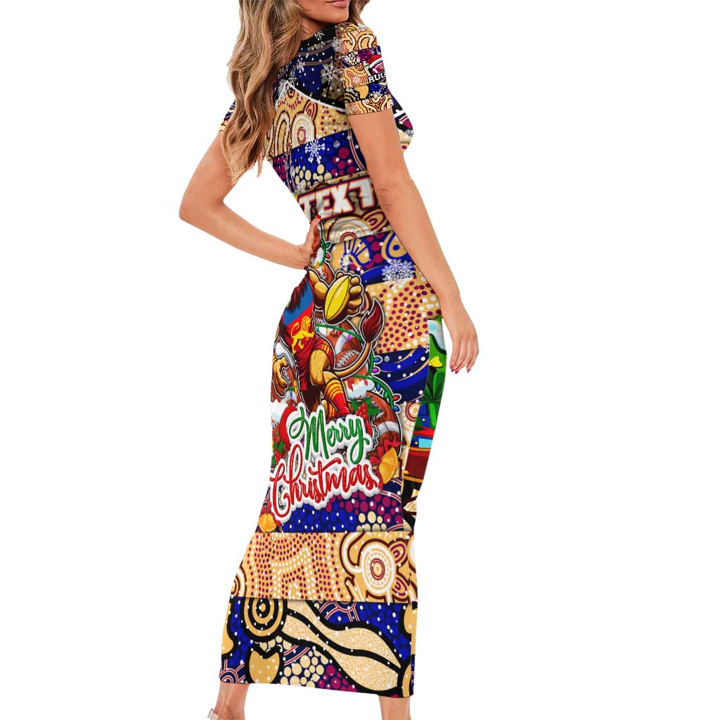 Custom Lions Rugby Merry Christmas Family Matching Short Sleeve Bodycon Dress and Hawaiian Shirt Indigenous Australian Art