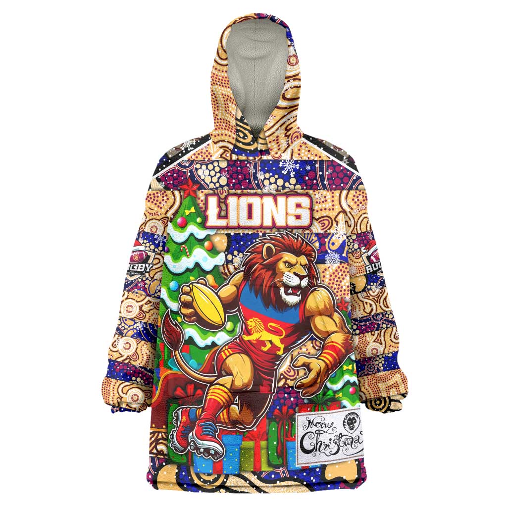 Custom Lions Football Merry Christmas Wearable Blanket Hoodie Indigenous Australian Art - Vibe Hoodie Shop