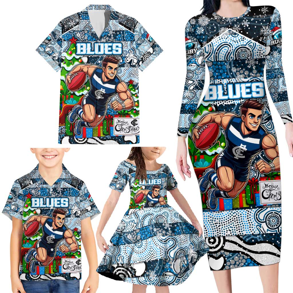 Custom Blues Rugby Merry Christmas Family Matching Long Sleeve Bodycon Dress and Hawaiian Shirt Indigenous Australian Art