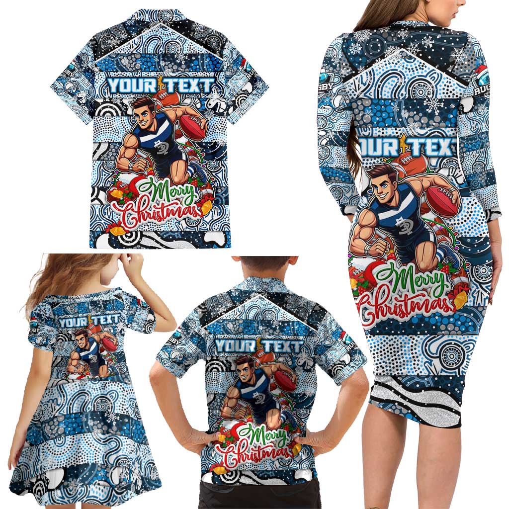 Custom Blues Rugby Merry Christmas Family Matching Long Sleeve Bodycon Dress and Hawaiian Shirt Indigenous Australian Art