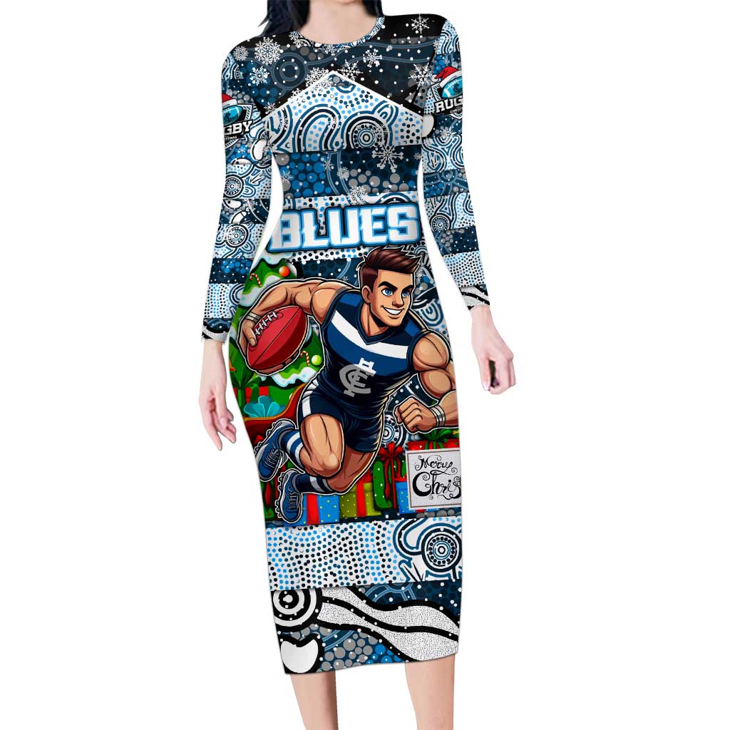 Custom Blues Rugby Merry Christmas Family Matching Long Sleeve Bodycon Dress and Hawaiian Shirt Indigenous Australian Art