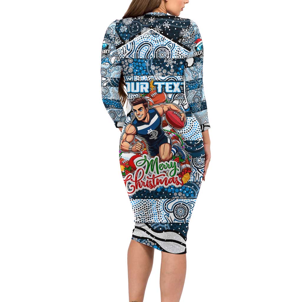 Custom Blues Rugby Merry Christmas Family Matching Long Sleeve Bodycon Dress and Hawaiian Shirt Indigenous Australian Art