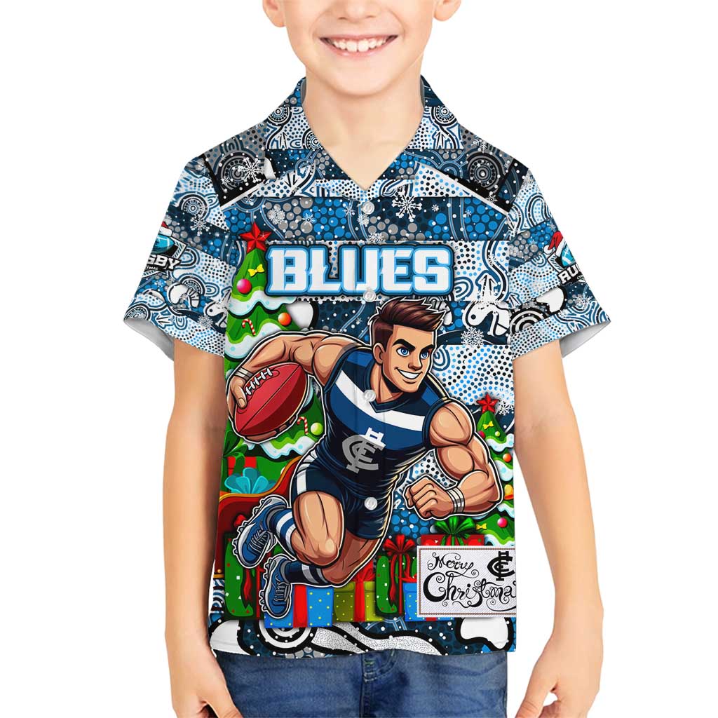 Custom Blues Rugby Merry Christmas Family Matching Long Sleeve Bodycon Dress and Hawaiian Shirt Indigenous Australian Art