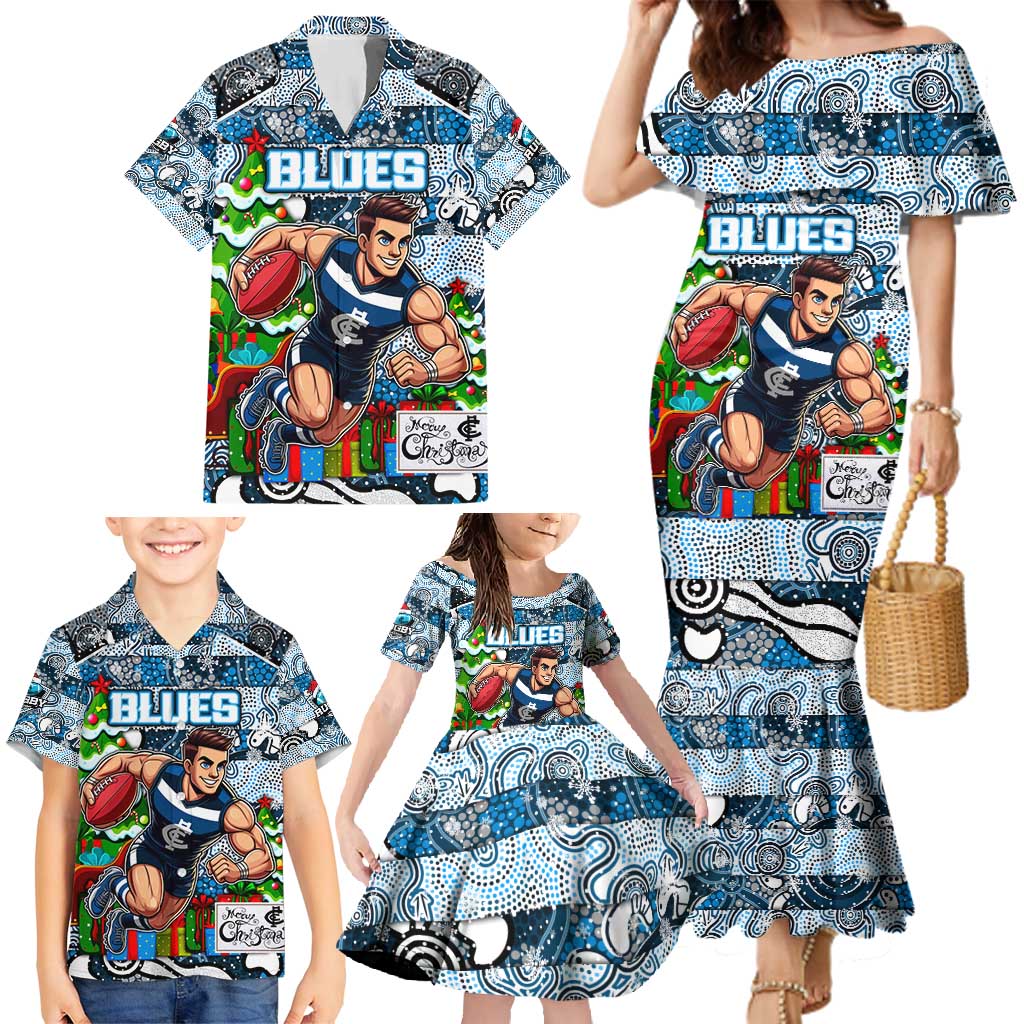Custom Blues Rugby Merry Christmas Family Matching Mermaid Dress and Hawaiian Shirt Indigenous Australian Art