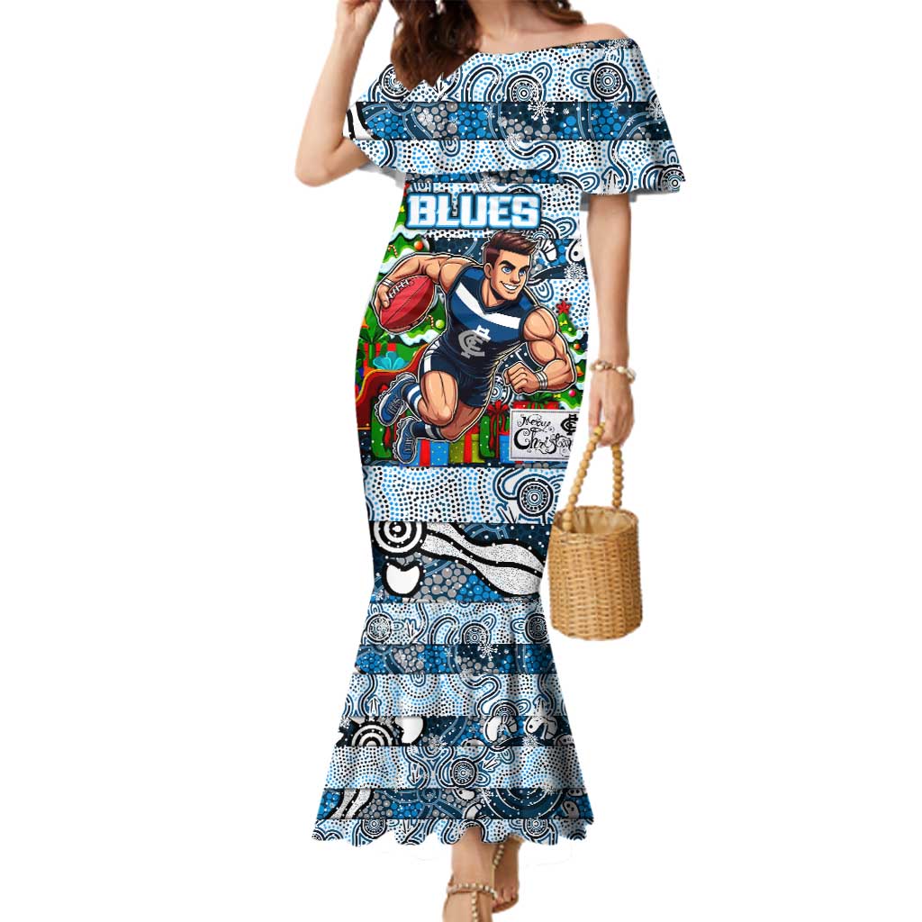 Custom Blues Rugby Merry Christmas Family Matching Mermaid Dress and Hawaiian Shirt Indigenous Australian Art