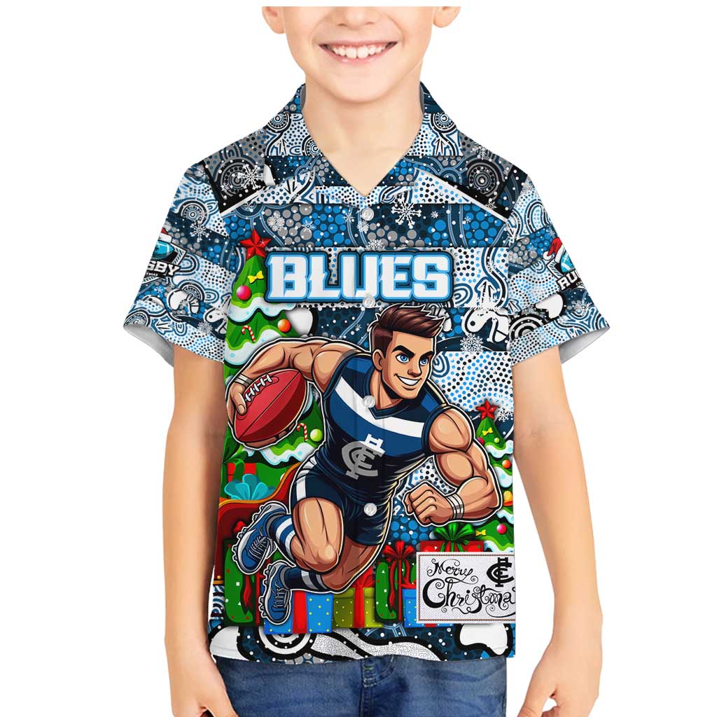 Custom Blues Rugby Merry Christmas Family Matching Mermaid Dress and Hawaiian Shirt Indigenous Australian Art