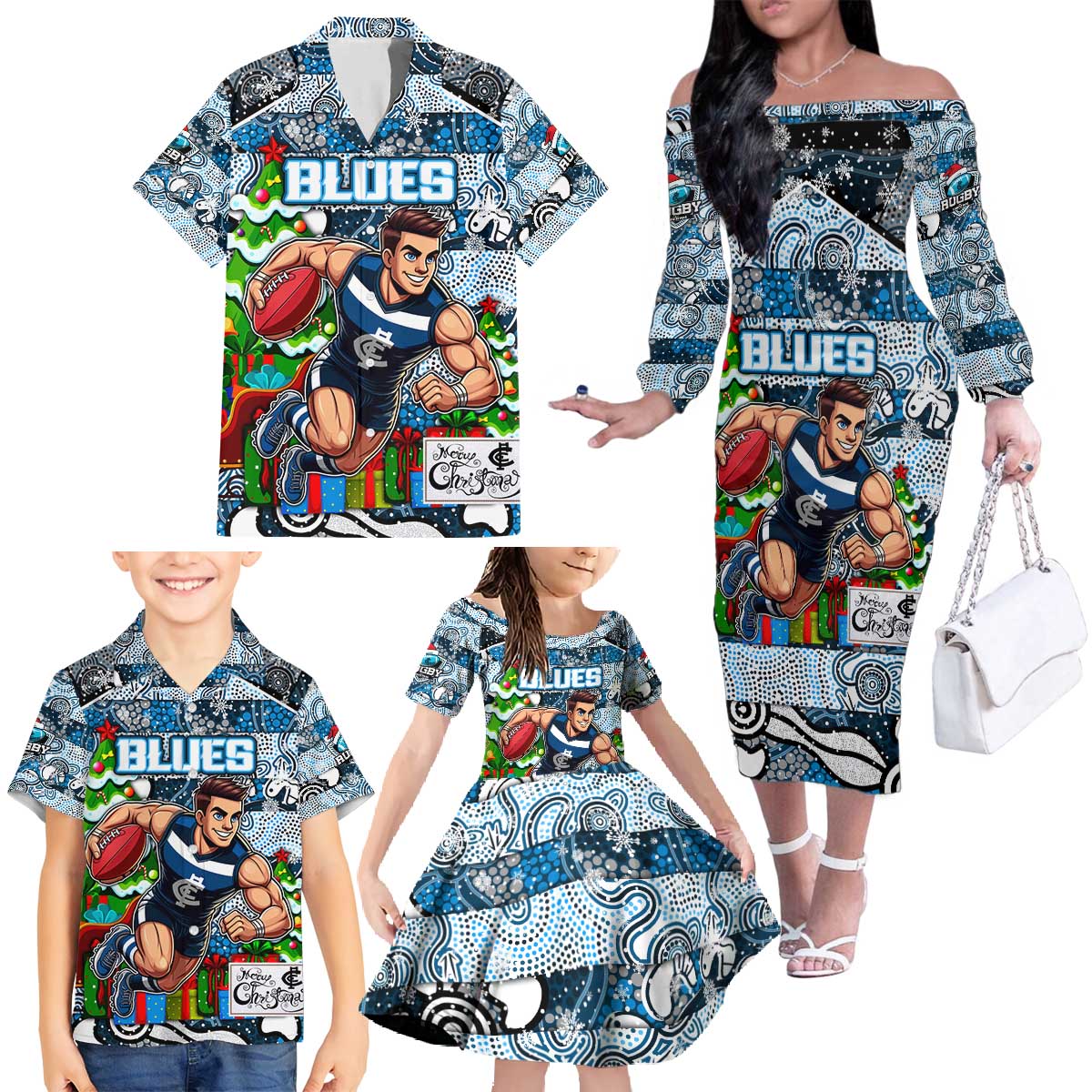 Custom Blues Rugby Merry Christmas Family Matching Off The Shoulder Long Sleeve Dress and Hawaiian Shirt Indigenous Australian Art
