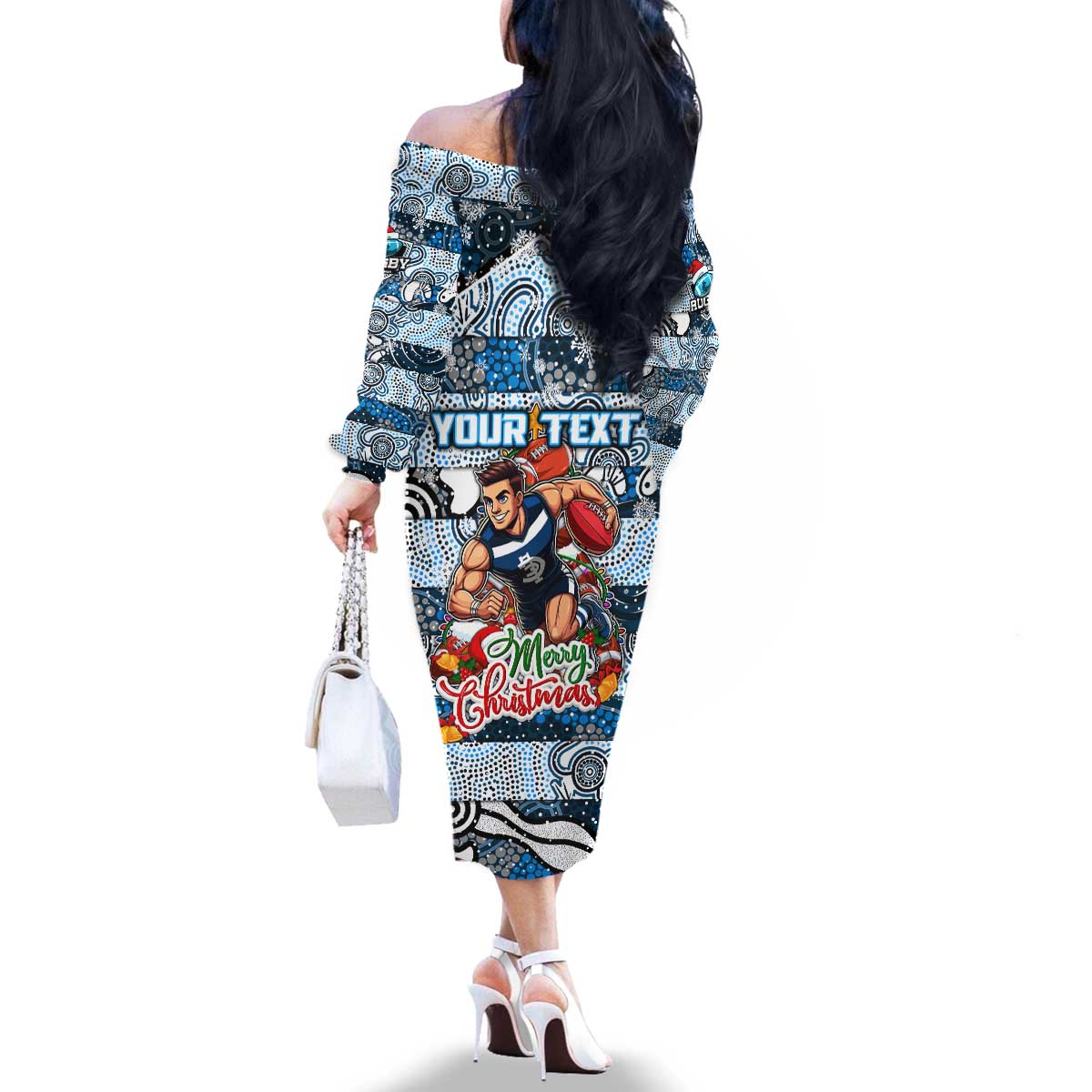 Custom Blues Rugby Merry Christmas Family Matching Off The Shoulder Long Sleeve Dress and Hawaiian Shirt Indigenous Australian Art