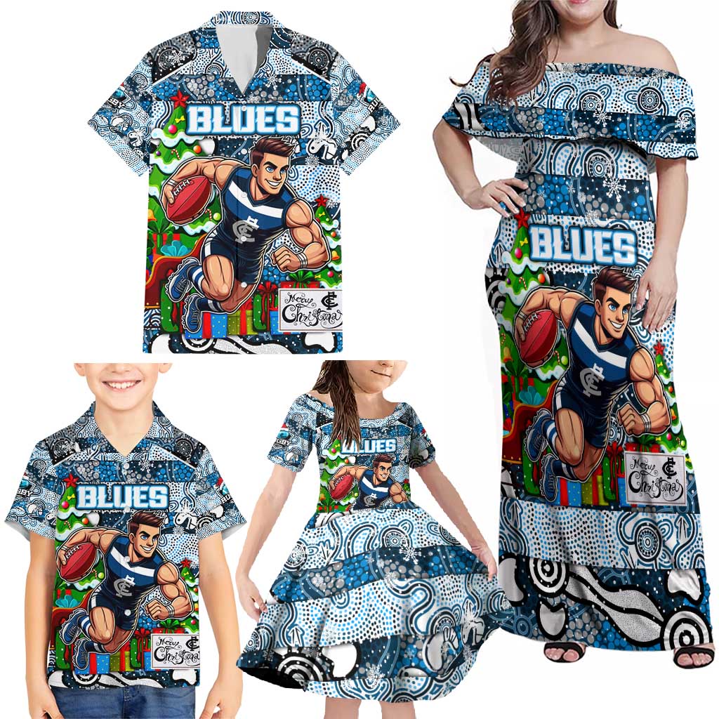Custom Blues Rugby Merry Christmas Family Matching Off Shoulder Maxi Dress and Hawaiian Shirt Indigenous Australian Art
