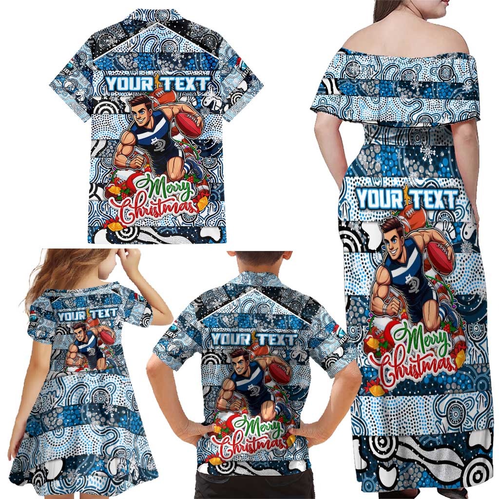 Custom Blues Rugby Merry Christmas Family Matching Off Shoulder Maxi Dress and Hawaiian Shirt Indigenous Australian Art