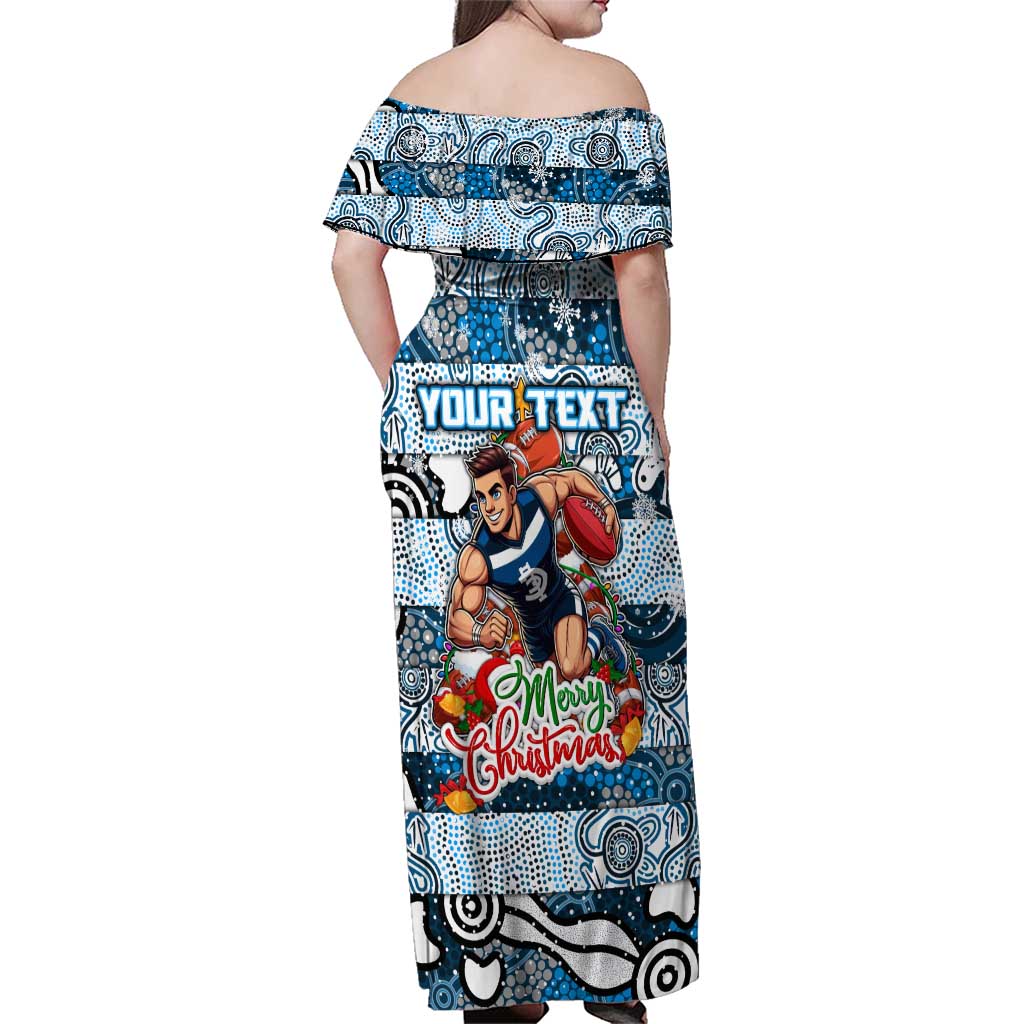 Custom Blues Rugby Merry Christmas Family Matching Off Shoulder Maxi Dress and Hawaiian Shirt Indigenous Australian Art