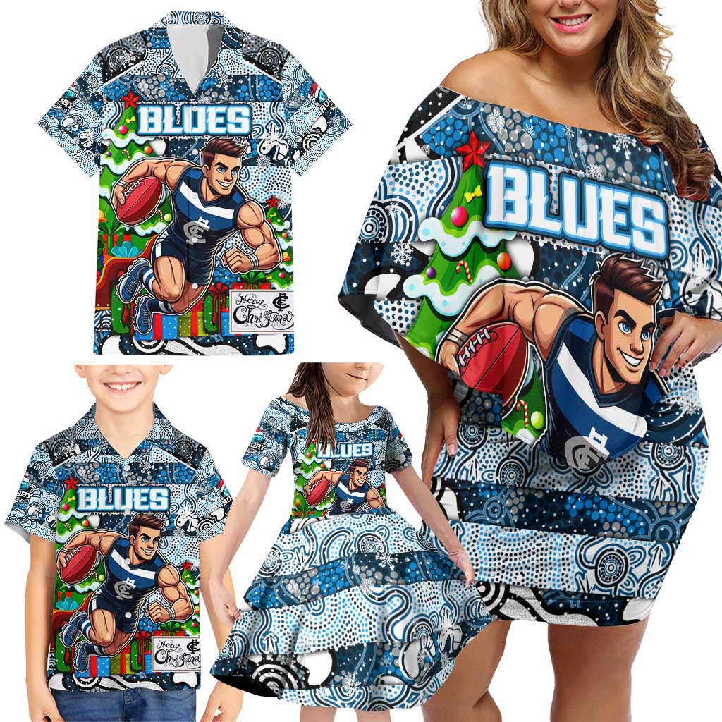 Custom Blues Rugby Merry Christmas Family Matching Off Shoulder Short Dress and Hawaiian Shirt Indigenous Australian Art