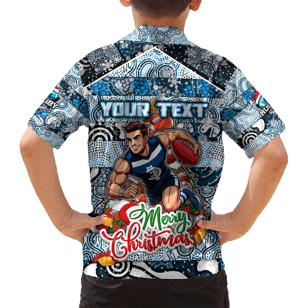 Custom Blues Rugby Merry Christmas Family Matching Off Shoulder Short Dress and Hawaiian Shirt Indigenous Australian Art