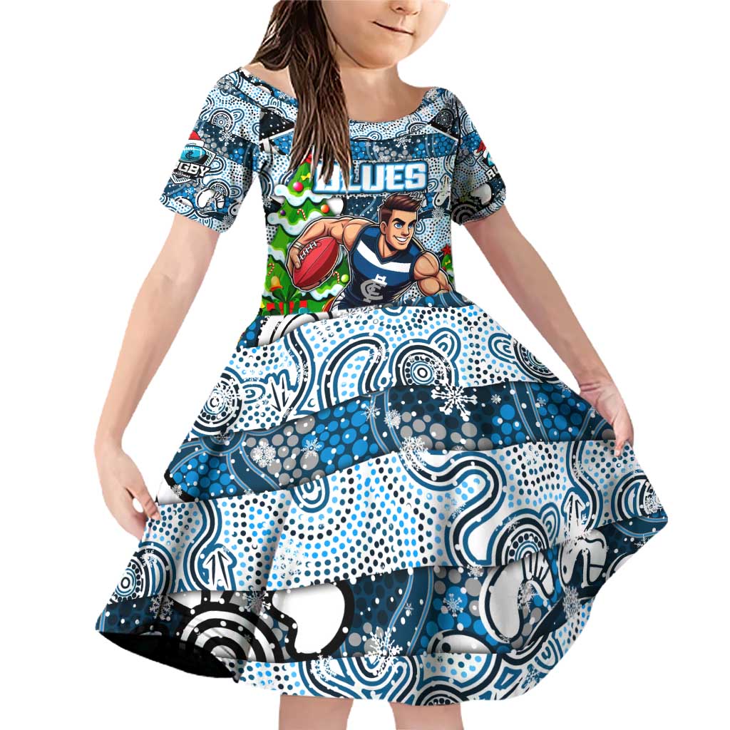 Custom Blues Rugby Merry Christmas Family Matching Off Shoulder Short Dress and Hawaiian Shirt Indigenous Australian Art