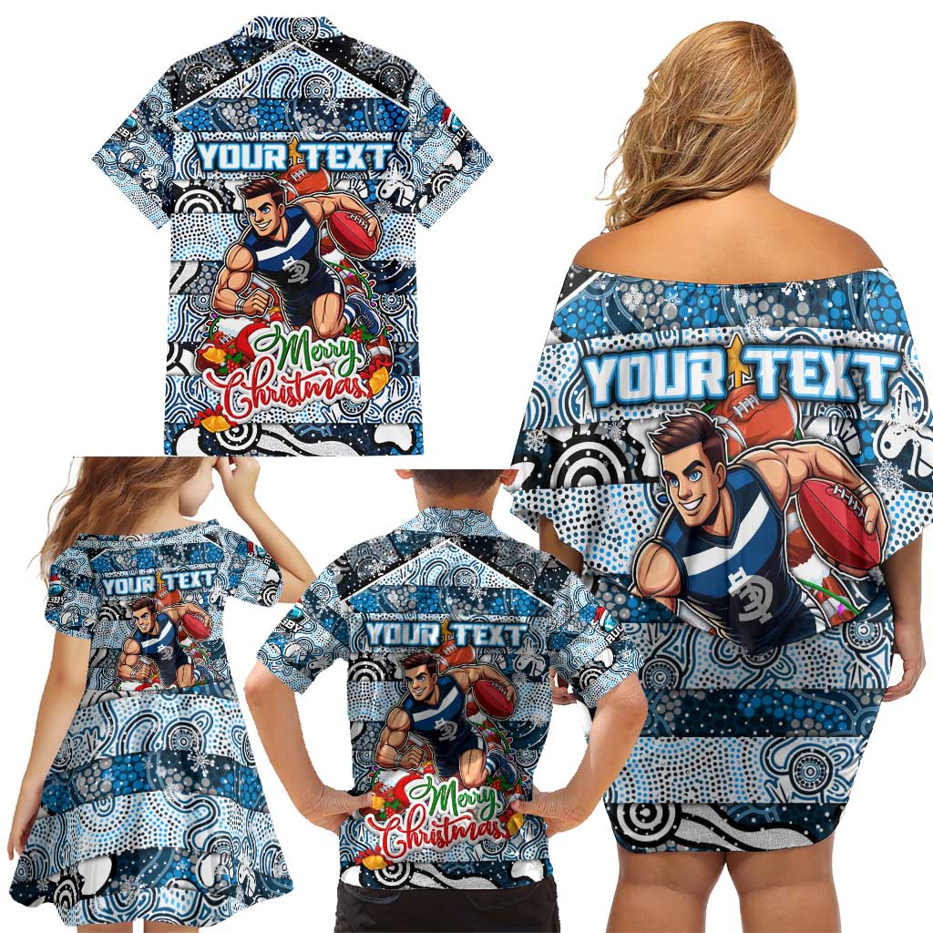 Custom Blues Rugby Merry Christmas Family Matching Off Shoulder Short Dress and Hawaiian Shirt Indigenous Australian Art